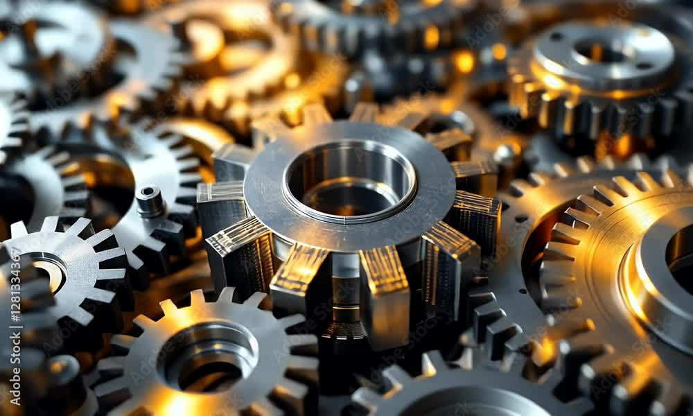Wall mural looped 3d animation of a gear mechanism group. close-up. defocus.industrial video background with ge
