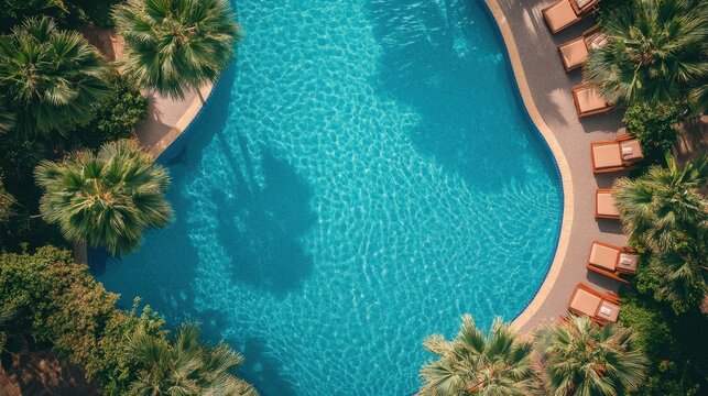 Aerial View of Serene Swimming Pool Surrounded by Tropical Palm Trees and Lounge Chairs in a Luxury Resort Capturing Tranquility and Relaxation