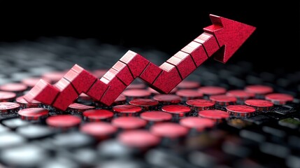 3D Red Arrow Rising on Black Background, Symbolizing Growth and Success in Business Trends