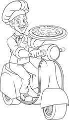 A pizza chef on a delivery scooter moped or motorcycle delivering pizza cartoon mascot illustration