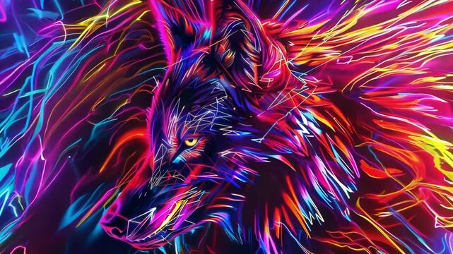 Vivid neon wolf unleashes dynamic energy in colorful motion sequence