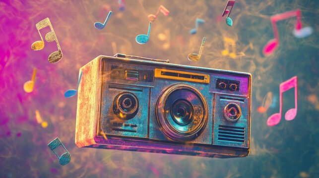 Colorful boombox with floating musical notes, capturing a lively retro vibe. 
