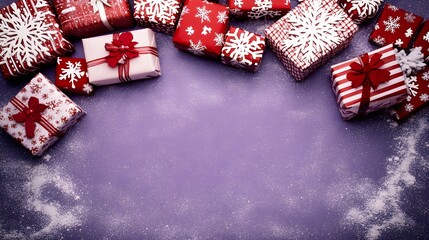 Fototapeta premium Christmas Gift Boxes Purple Background Snow Festive Season