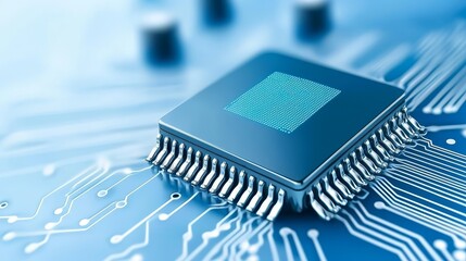 Intricate semiconductor chip on circuit board, a closeup view of modern technology
