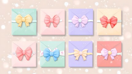 Eight Pastel Envelopes with Bows, Cute Gift Illustration