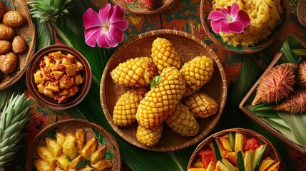 Fototapeta premium Tropical Cuisine Featuring Grilled Corn and Various Dishes