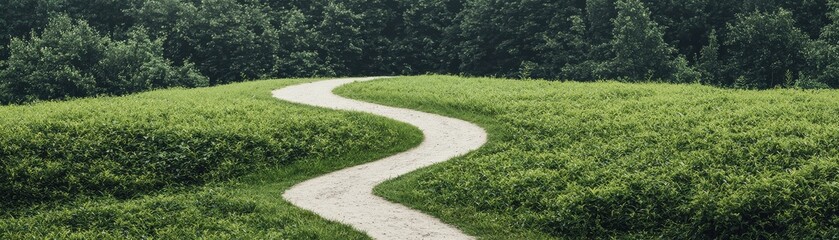 Winding Dirt Path Through Lush Green Fields Surrounded by Dense Forest Under Clear Blue Sky