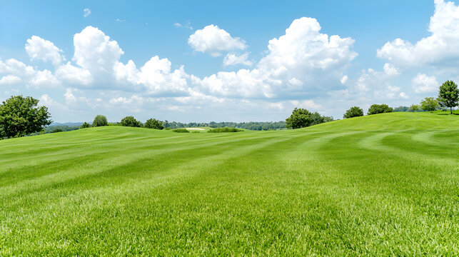 Rolling green hills golf course sunny day landscape