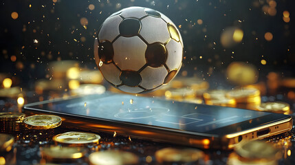 Virtual sports betting on soccer. Soccer ball flying over a smartphone with golden coin currency