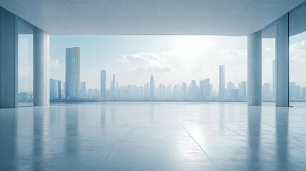 Modern empty office building and city skyline outside the window