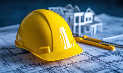 A yellow construction helmet is placed on blueprints surrounded by miniature house models and a drafting tool in a busy workspace