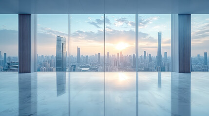Fototapeta premium Modern empty office building and city skyline outside the window