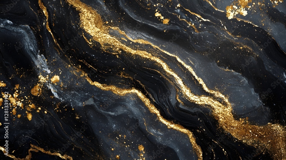 Poster luxurious abstract fluid painting with shimmering gold metallic accents and dynamic swirling brush s