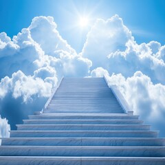 Serene Stairway to Heaven Ascending into a Luminous Sky with Fluffy Clouds and Radiant Sunlight Spiritual Journey Hopeful Ambience Tranquil Scene