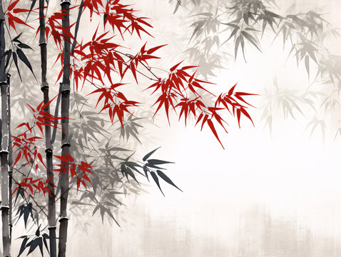 Ink painting with a still life of a bamboo grove and stones. Traditional oriental painting suggests sumi-e, u-sin, go-hua.