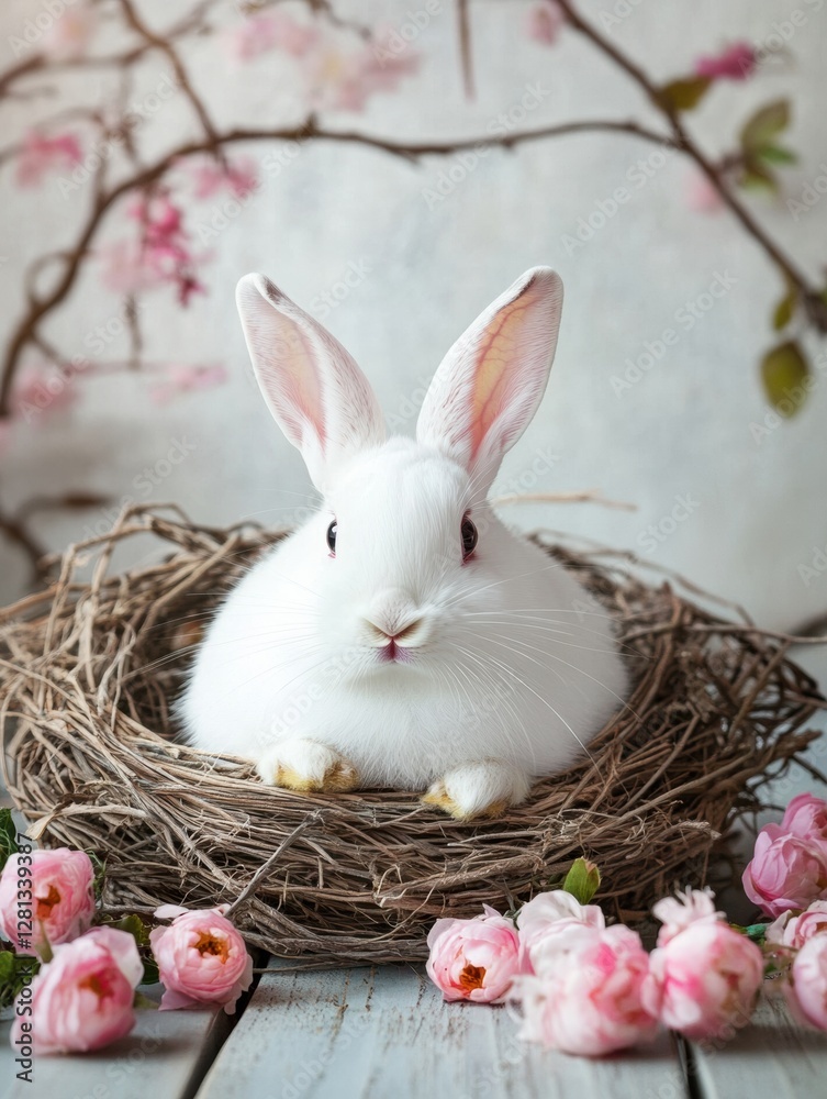 Aufkleber White rabbit resting in a nest surrounded by pink flowers during springtime. Generative AI