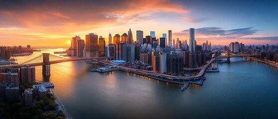 Stunning aerial shot of New York City s Financial District, East River with iconic bridges, glowing skyline at sunset, highresolution cityscape