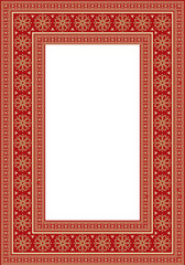 Vector square gold with red ancient Russian ornament. Slavic rectangle, border, frame. Painting of the royal chambers