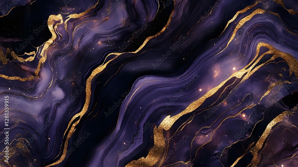 Poster Luxurious Cosmic Agate Marble Texture with Dynamic Purple and Gold Glitter Swirls  Captivating abstract background with fluid mystic patterns and energetic gradients perfect for high end editorial