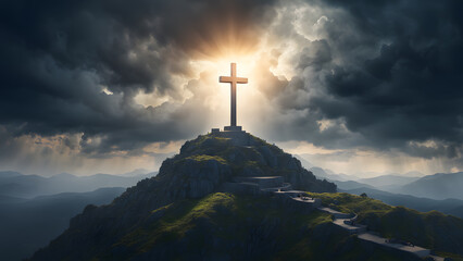 A cross is on top of a mountain, with a bright sun shining on it