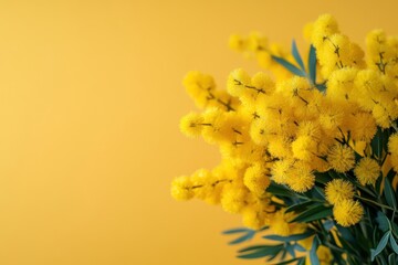 Radiant Mimosa Blossom Display on Sunny Yellow Backdrop Capturing Springtime Elegance and Floral Beauty in a Bright Studio Setting