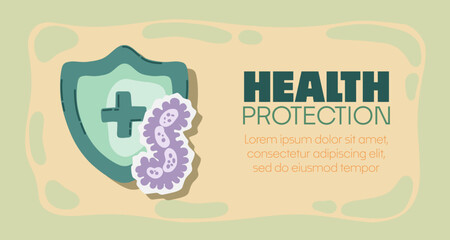 Guard shield attacked by virus, germs and bacteria. Immune system and virus protection concept with Health Protection text. Immunity hygienic medical prevention