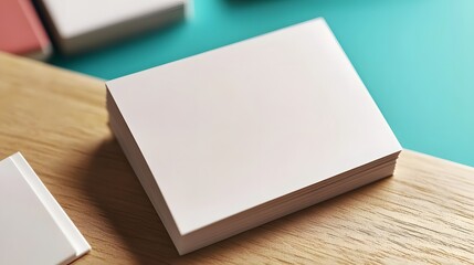 Fototapeta premium Stack of Blank White Cards on Wooden Table Mockup