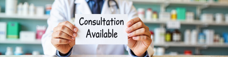 Pharmacist smiling and holding "Consultation Available" sign in a vibrant pharmacy, dedication to patient support and care concept.