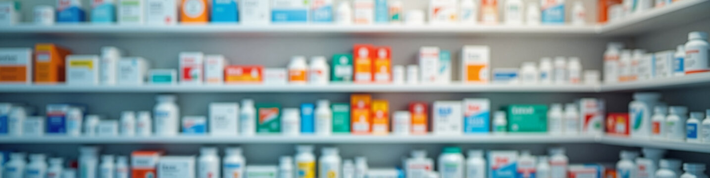 Sleek pharmacy shelves filled with over-the-counter medication boxes, symbolizing accessibility and comprehensive patient care. Professional retail pharmacy design concept.