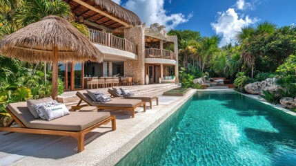 Obraz premium Luxurious Tropical Villa with Infinity Pool and Lush Landscaping