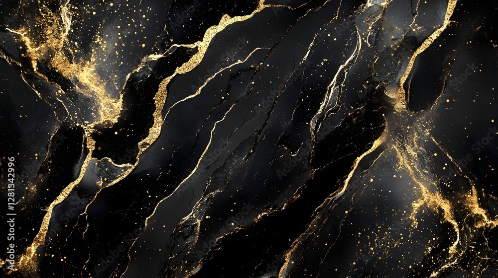 Poster Luxurious golden marble texture with shimmering fractal patterns and dynamic lighting effects  This digital or 3D render can be used as a premium background wallpaper
