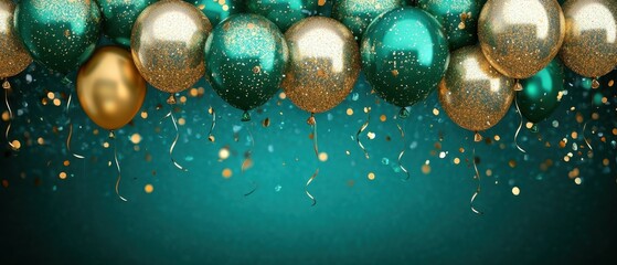 Festive emerald and gold balloons floating against a teal background celebrating a special occasion with elegance and style for a party