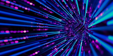 Futuristic 3D render of a hyperspace tunnel bending right, featuring radiant neon streaks and...