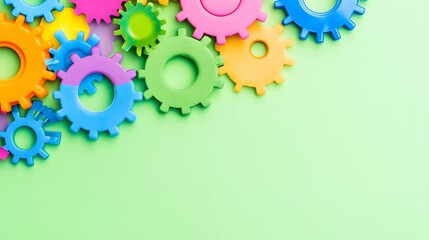 Colorful Interlocking Gears on Green Background Teamwork Collaboration Concept