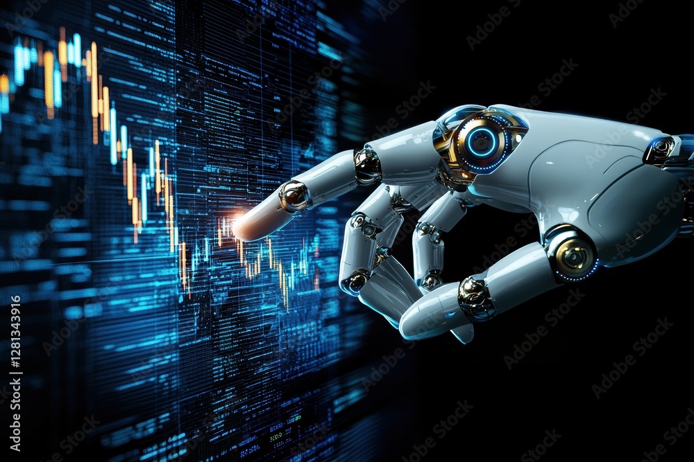 Poster robot hand analyzing stock market data on digital screen