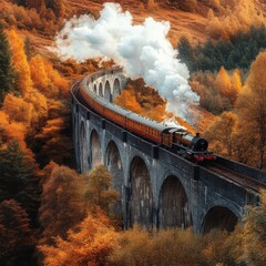 Fototapeta premium Autumnal Steam Train Crossing a Majestic Stone Viaduct
