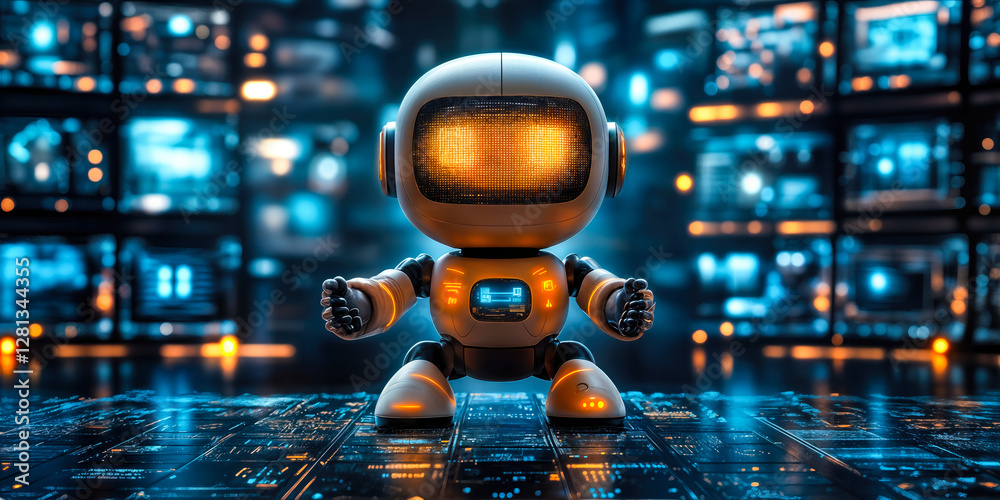 Poster futuristic conversational ai robot in high-tech digital interface environment enhancing consumer ele