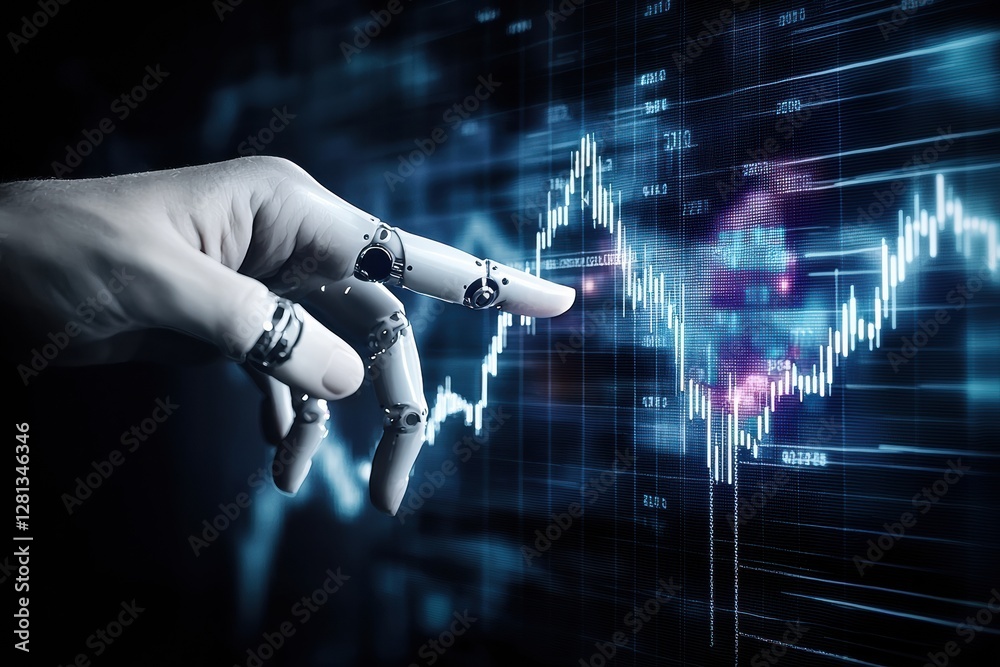 Poster robot hand analyzing stock market data on digital display