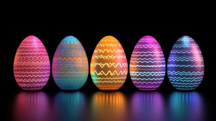 Vibrant neon easter eggs with colorful patterns on black background. Easter, Pascha, Paskha, Ostern, Pascua, Paques - Orthodox and Catholic Holiday celebration