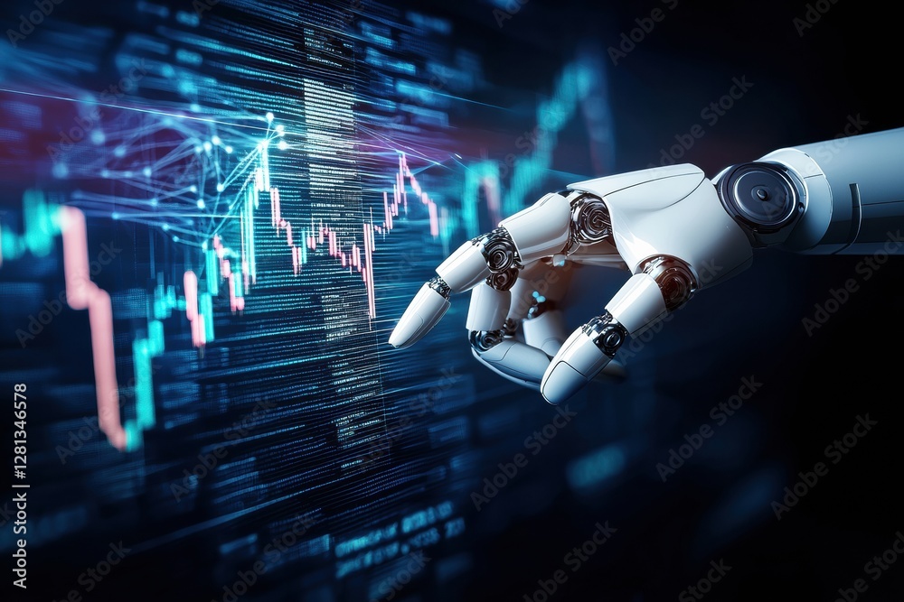Aufkleber robotic hand analyzing stock market data on digital screen