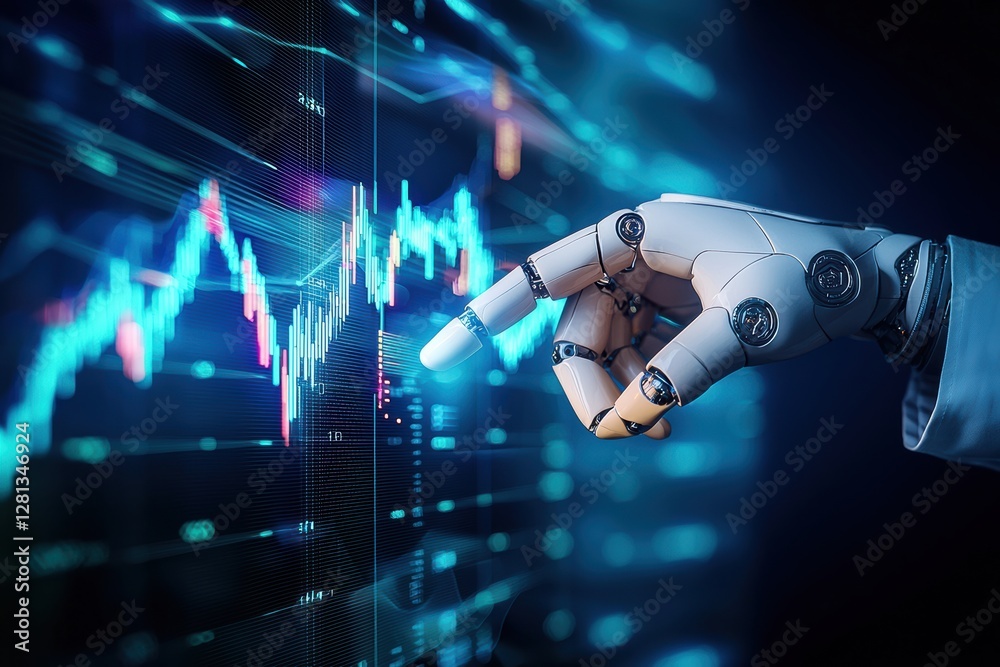 Poster robotic hand analyzing stock market data on digital screen