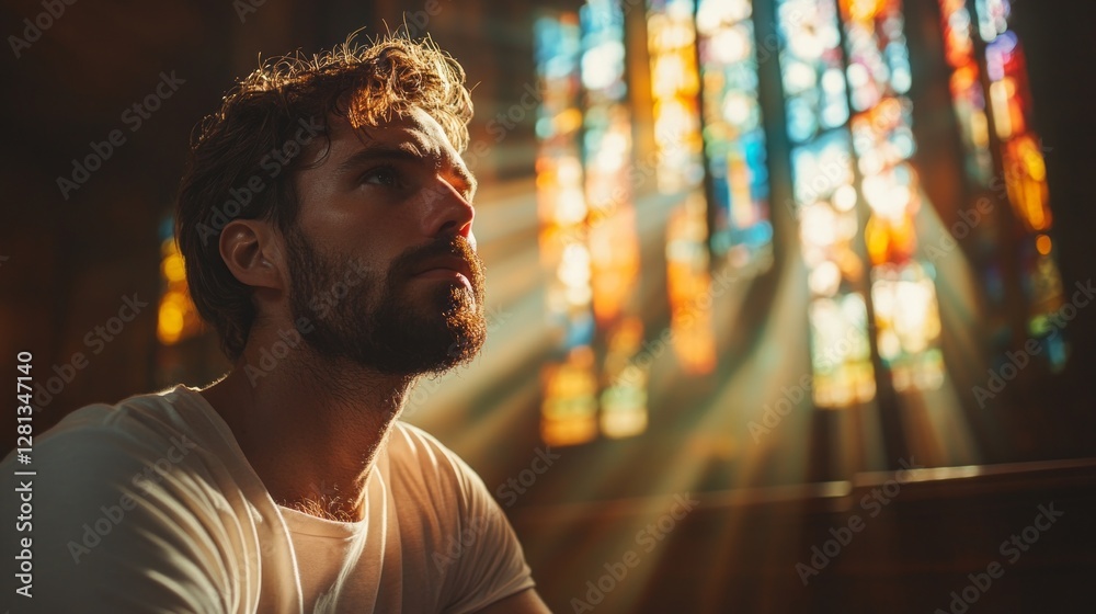 Poster bathed in warm rays of sunlight, a man sits in silent reflection within a beautiful church. the colo