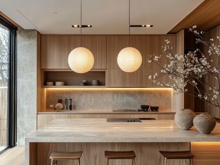 Modern kitchen with Japanese style wooden furniture and minimalist aesthetic