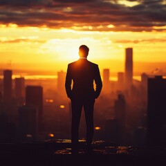 Fototapeta premium Silhouette of a Confident Businessman Standing Against a Dramatic Sunset Overlooking a Modern Cityscape with Orange Hues