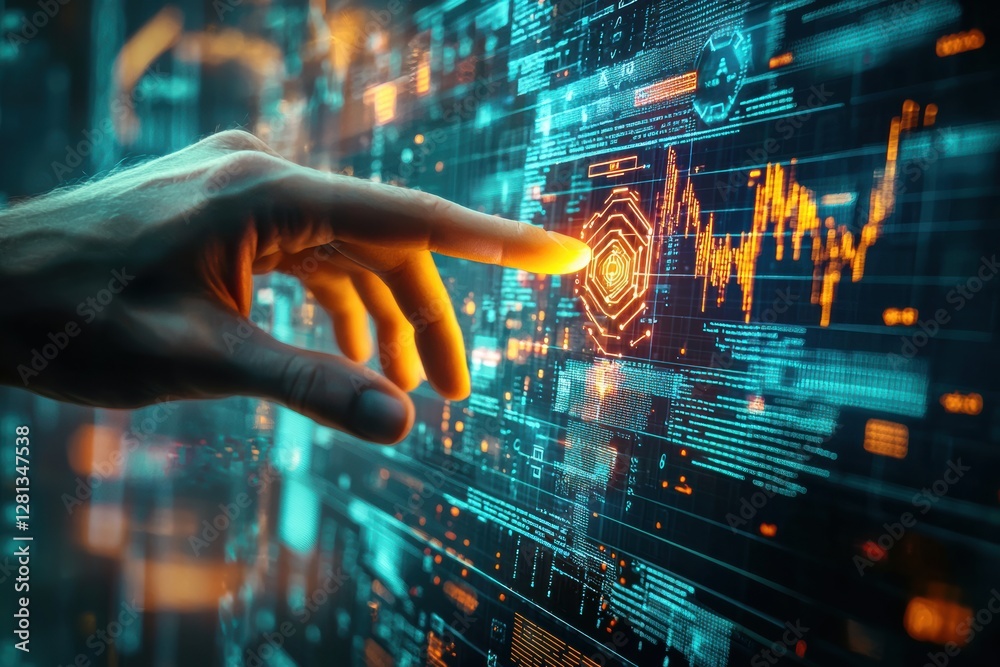 Aufkleber Software engineer interacting with futuristic holographic interface analyzing data and code