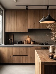 A modern kitchen showcases a wooden cabinets design