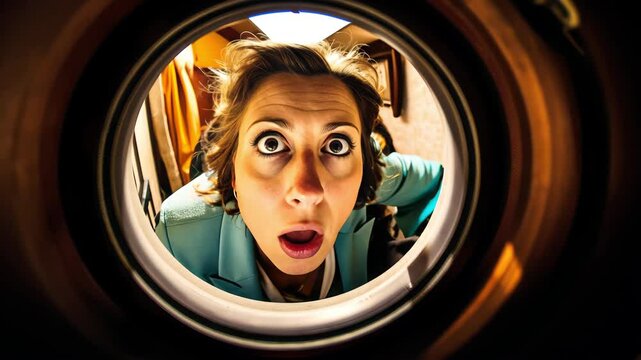 A quirky funny woman rings the doorbell and looks through the doorbell. The concept of unexpected guests, humor.