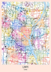 Linyi China City Map, downtown tourism, house art travel, scenic metropolis concept, travel art city, patriotic abstract banner