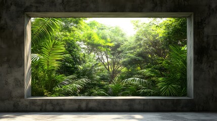 Lush Jungle View from Concrete Window Frame