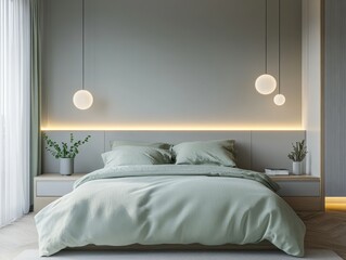 Modern bedroom with bed and pendant lighting and plants